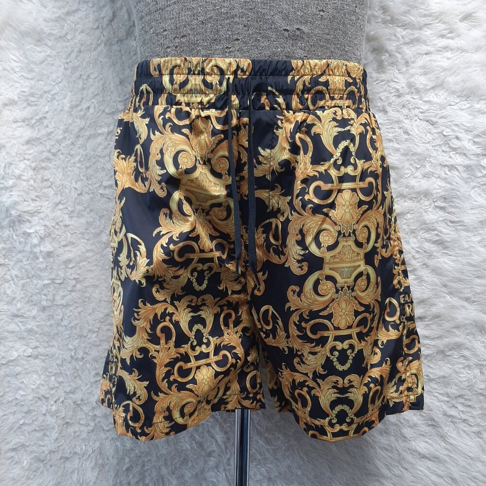 Versace Jeans Couture Black Gold Baroque Logo Print Swim Shorts Size US M
